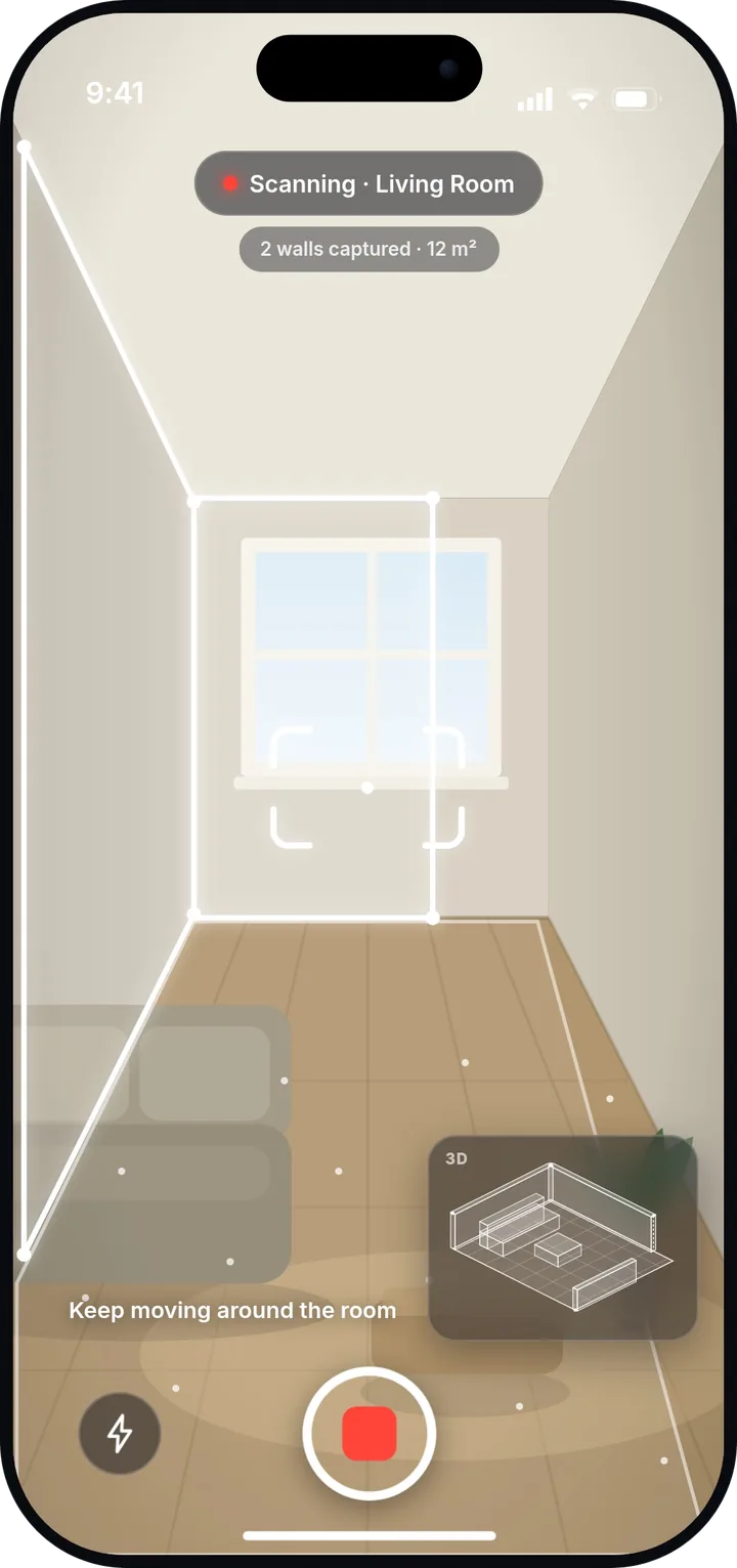 The Signl scanner viewing a living room through the camera, with the wall edges traced in white and a label reading two walls captured, 12 square meters.