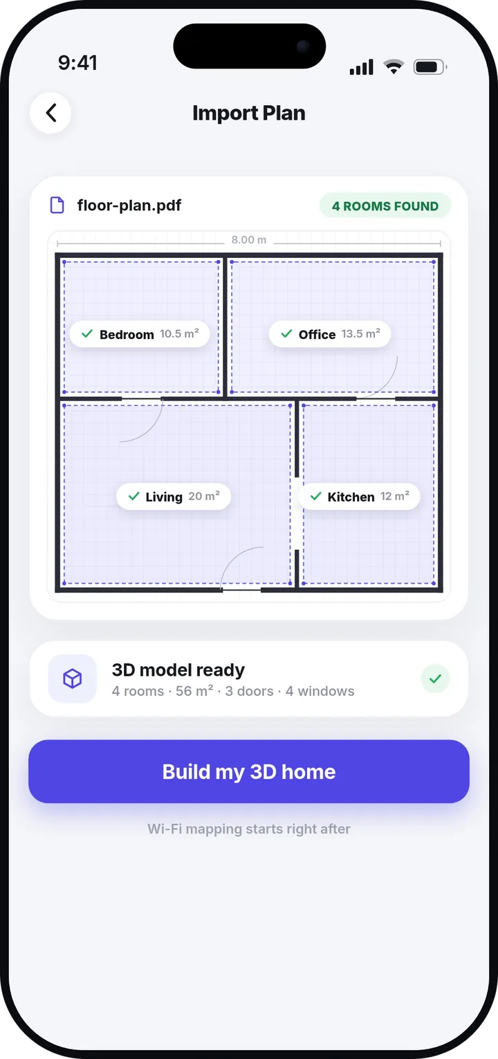 The import screen reading a PDF floor plan, four rooms found and outlined with their areas, and a 3D model ready card.